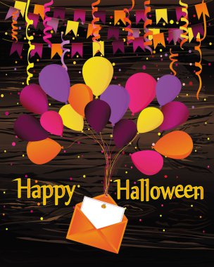 Cadılar Bayramı. Karnaval bayraklı Garland balonlu zarf ve bir partisine davet ile. Tebrik kartı. Metin veya reklam için boş alan. Ahşap arka plan üzerinde vektör.