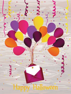 Cadılar Bayramı. Karnaval bayraklı Garland balonlu zarf ve bir partisine davet ile. Tebrik kartı. Metin veya reklam için boş alan. Ahşap arka plan üzerinde vektör.