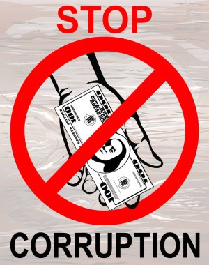 Yolsuzluk. El tutar para dolar. Vektör. Ahşap arka plan üzerinde poster.