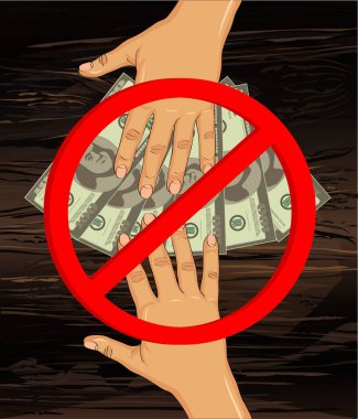 Corruption.The el dolar para verir. Rüşvet alır. Vektör ahşap arka plan.