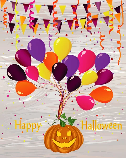 Halloween Zucca Vola Sui Palloncini Confetti Ghirlanda Bandiere Biglietto Auguri — Vettoriale Stock