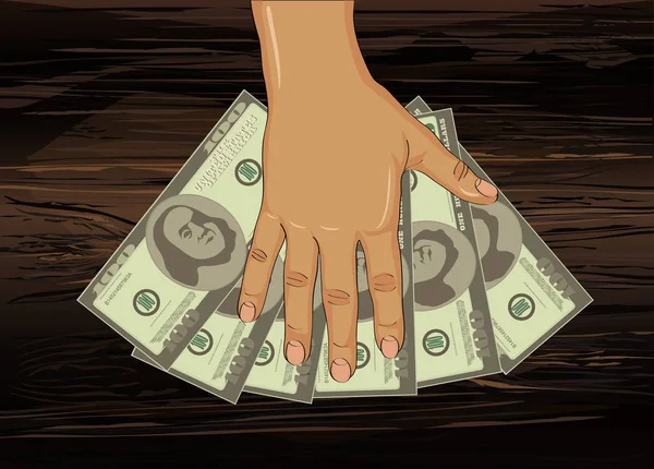 Corruption Hand Keeps Money Dollars Vector Wooden Background — Stock Vector