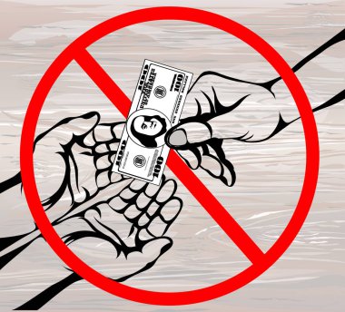 Yolsuzluk. El tutar para dolar. Vektör. Ahşap arka plan üzerinde poster