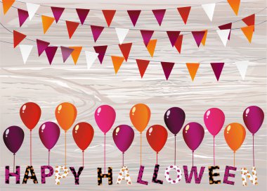 Balonlar üzerlerinde bayraklarıyla çelenk ile karnaval asmak harfleri mutlu Cadılar Bayramı. Vektör ahşap arka plan üzerinde. Tebrik kartı veya bir tatil için davet. Metin veya reklam için boş yer.