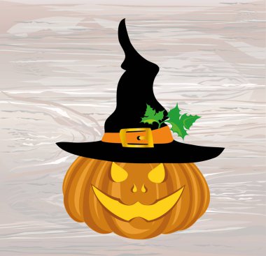 Cadılar Bayramı Balkabağı kara cadı şapkası ile. Ahşap arka plan üzerinde vektör çizim. tebrik kartı veya bir parti ve bir parti için davet.