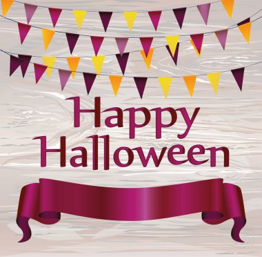 Cadılar Bayramı. Bayrak ve afiş Şerit metin için çelenk. Vektör ahşap arka plan üzerinde. Tebrik kartı veya bir tatil ya da parti davetiyesi.