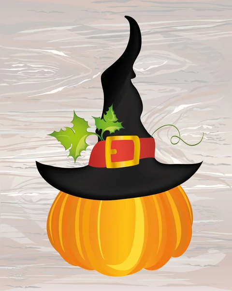 Halloween Sombrero Bruja Vector Sobre Fondo Madera Tarjeta Felicitación Invitación — Vector de stock