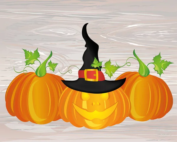 Halloween Calabazas Con Sombrero Bruja Vector Sobre Fondo Madera Tarjeta — Vector de stock