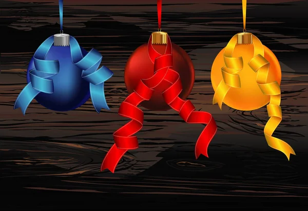 Trzy Merry Christmas Piłki Czerwony Niebieski Żółty Wstążkami Banner Miejsca — Wektor stockowy
