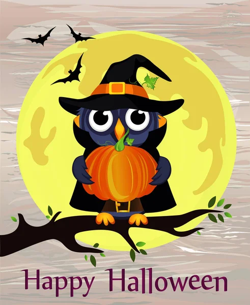 Halloween Cartoon Eule Hexenkostüm Mit Kürbis Vor Mondhintergrund Mit Fledermäusen — Stockvektor