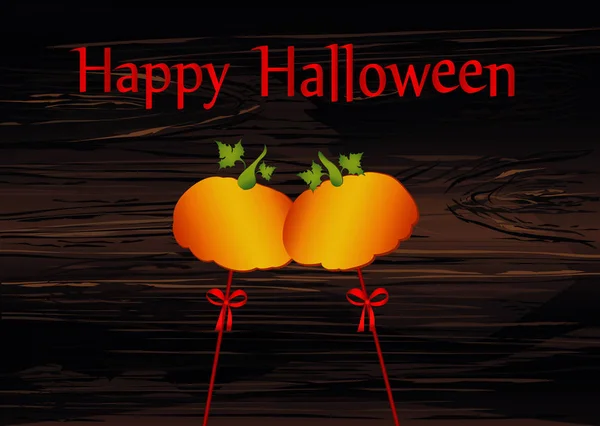 Halloween Dýně Hole Mašličkami Stuhy Vektor Dřevěné Pozadí Blahopřání Pozvání — Stockový vektor