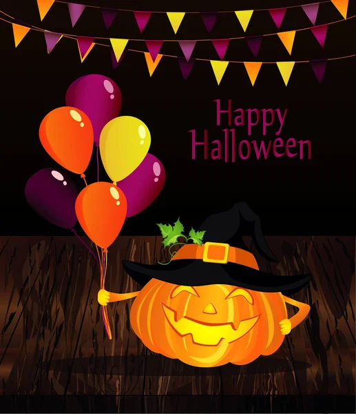 Halloween Zucca Col Cappello Strega Con Tanti Palloncini Vettore Sfondo — Vettoriale Stock