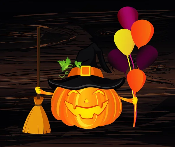 Halloween Dynia Kapelusz Czarownicy Miotły Mnóstwo Balonów Wektor Podłoże Drewniane — Wektor stockowy