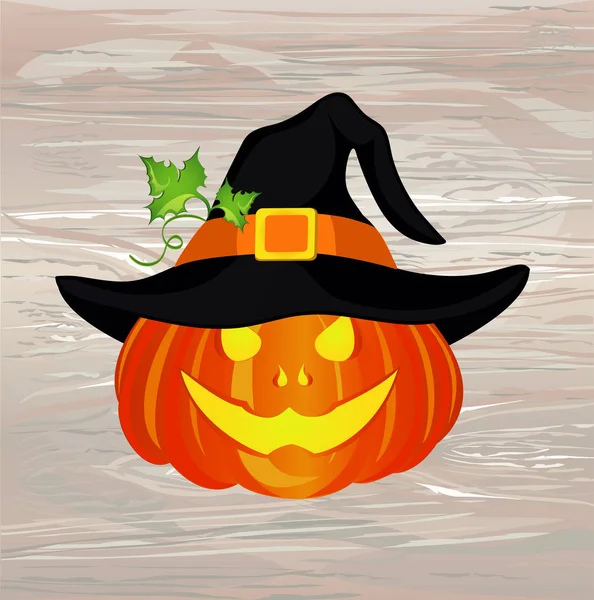 Halloween Sombrero Bruja Vector Sobre Fondo Madera Tarjeta Felicitación Invitación — Vector de stock