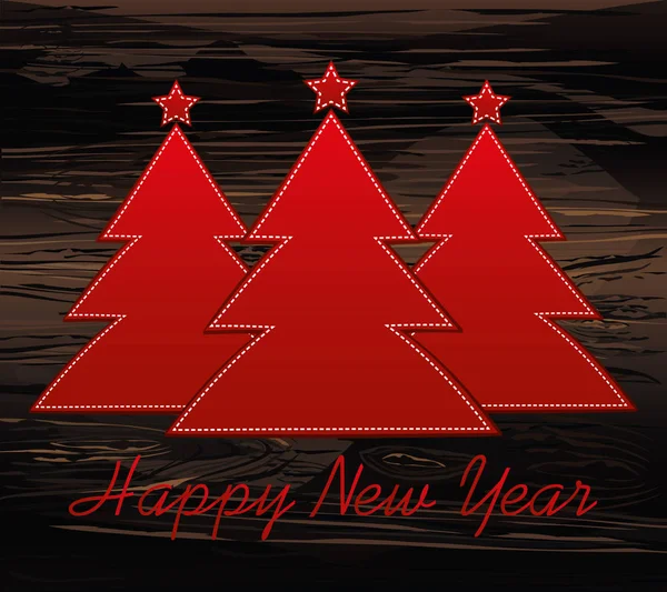 三红色的新一年的纸张黄色背景树 圣诞贺卡 在木背景的向量 文本或广告的空白空间 — 图库矢量图片
