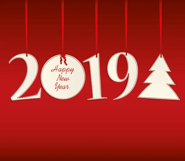 Figuras 2019 Árvore Natal Feita Papel Pendurado Uma Fita Vermelha —  Vetores de Stock