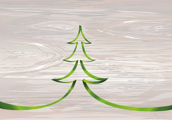 绿色丝带圣诞树 木背景上的向量 节日新年的贺卡 文本或广告的空空间 — 图库矢量图片