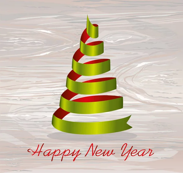 绿色的红丝带 以圣诞树的形式 在木质背景上的向量 新年贺卡 文本或广告的空白空间 — 图库矢量图片