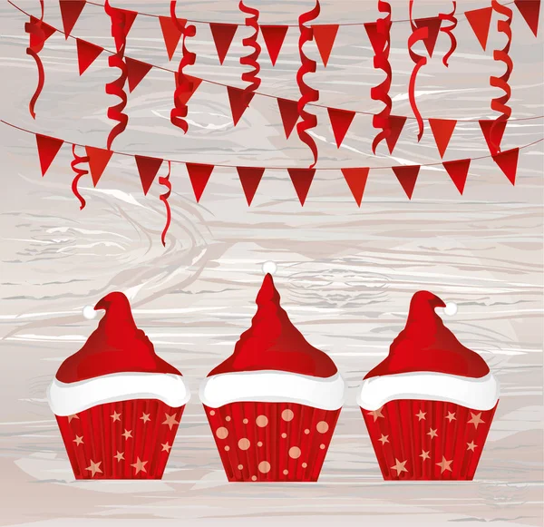 Cupcakes Natal Com Creme Forma Chapéu Papai Noel Garland Com — Vetor de Stock