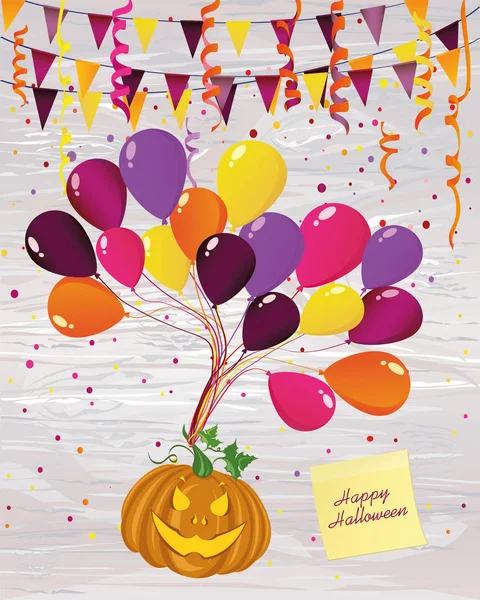 Halloween Zucca Vola Sui Palloncini Confetti Ghirlanda Bandiere Biglietto Auguri — Vettoriale Stock