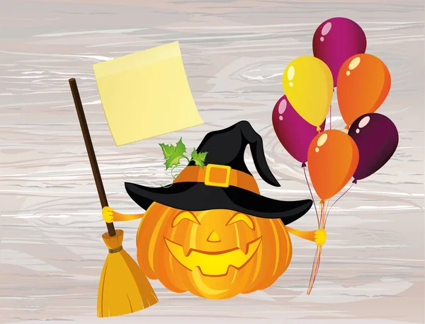 Halloween Citrouille Dans Chapeau Sorcière Avec Balai Beaucoup Ballons Vecteur — Image vectorielle