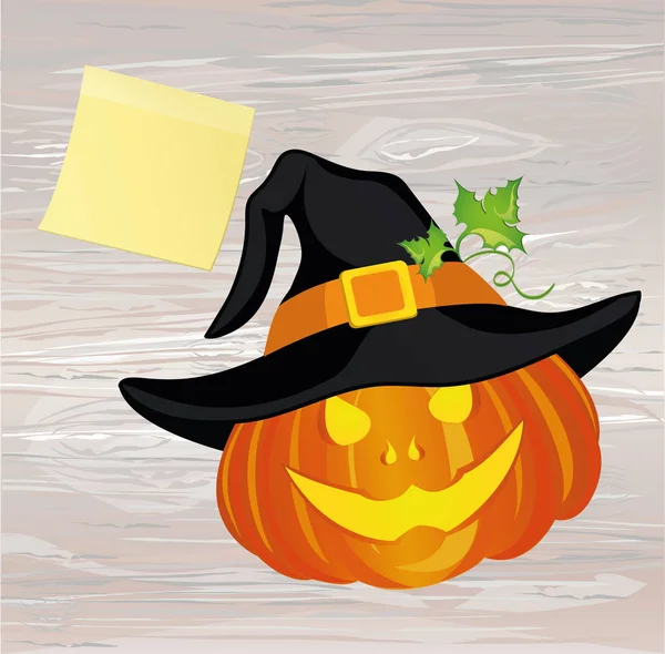 Halloween Sombrero Bruja Vector Sobre Fondo Madera Tarjeta Felicitación Invitación — Vector de stock