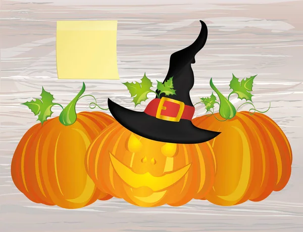 Halloween Calabazas Con Sombrero Bruja Vector Tarjeta Felicitación Invitación Para — Vector de stock