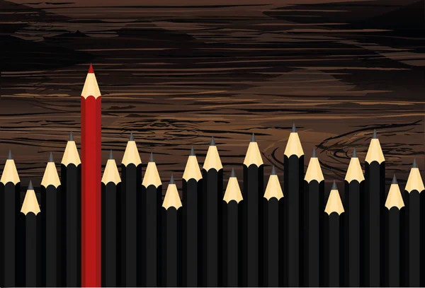 Muchos Grupo Lápices Negros Pero Color Rojo Que Destaca Multitud — Vector de stock