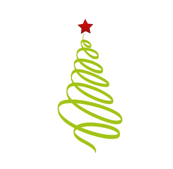Christmas Tree Green Ribbon Red Star Vector Greeting Card Holiday — Stock Vector