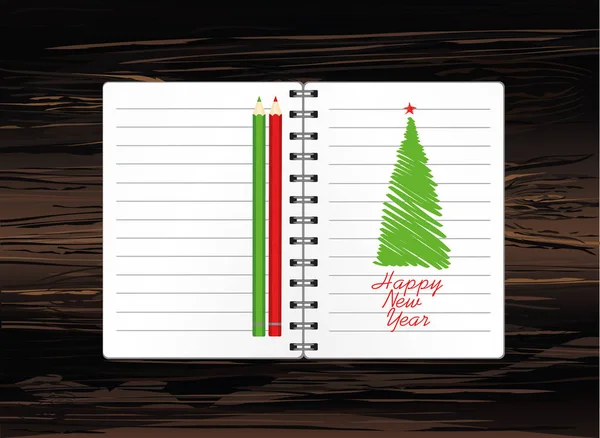 Realistisch Geöffnete Notizbuch Vorlage Mit Weihnachtsbaum Und Kugel Und Bleistift — Stockvektor