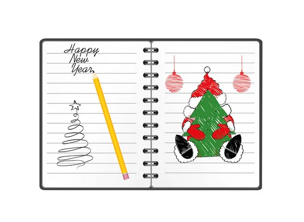 Notebook Template Christmas Santa Clause Ball Pencil Vector White Background — Stock Vector