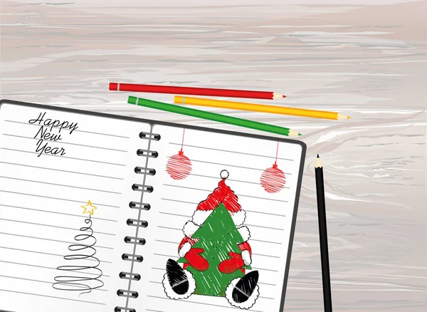 Notebook Template Christmas Santa Clause Ball Pencil Vector White Background — Stock Vector