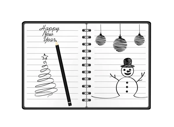 Notebook Template Christmas Snowman Ball Pencil Vector White Background Greeting — Stock Vector