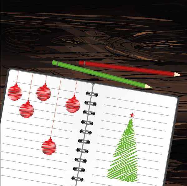 Realistisch Geöffnete Notizbuch Vorlage Mit Weihnachtsbaum Und Kugel Und Bleistift — Stockvektor