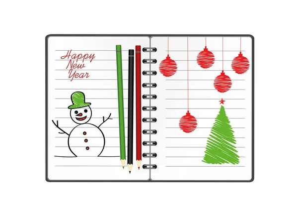Notebook Template Christmas Snowman Ball Pencil Vector White Background Greeting — Stock Vector