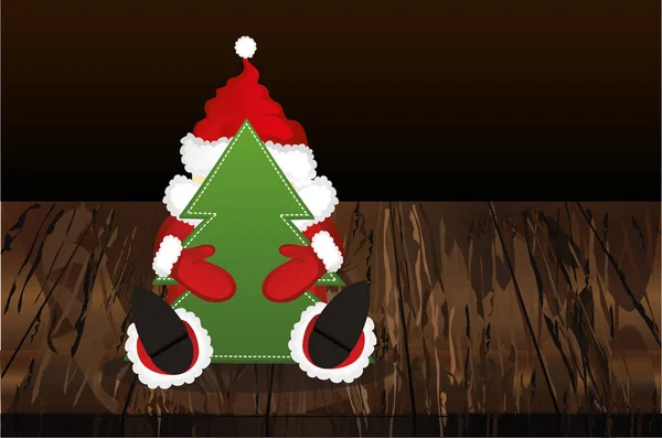 Papá Noel Traje Con Árbol Navidad Vector Sobre Fondo Madera — Vector de stock