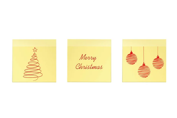 Hand Drawn Christmas Tree Santa Claus Snowman Three Yellow Stickers — Stock Vector