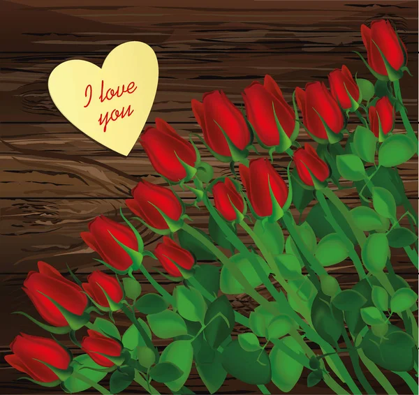 Belles Fleurs Rouges Roses Avec Feuille Papier Jaune Pour Notes — Image vectorielle