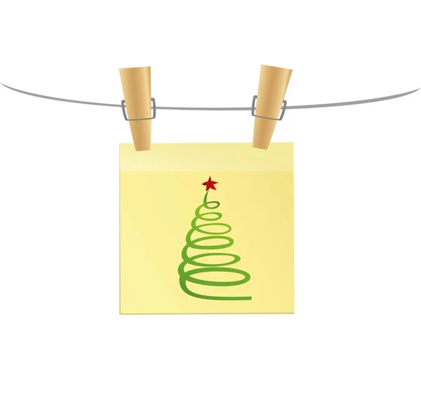 手描きのクリスマス ツリーとサンタ クロースと雪だるま つの黄色のステッカーに グリーティング カード 木製の背景にカラフルな鉛筆とベクトル — ストックベクタ