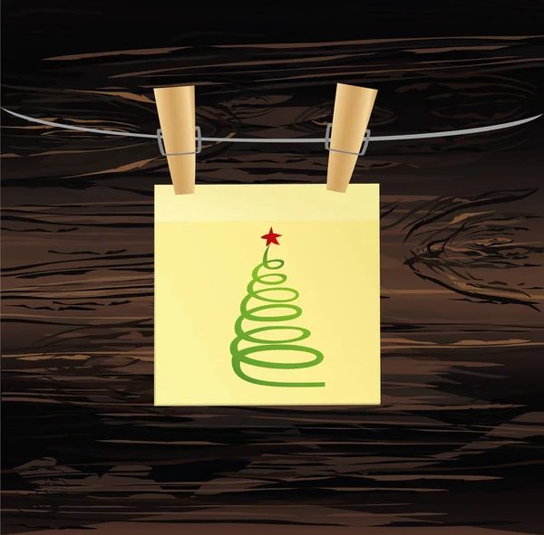 Árbol Navidad Dibujado Mano Pegatina Amarilla Colgando Pinzas Ropa Vector — Vector de stock