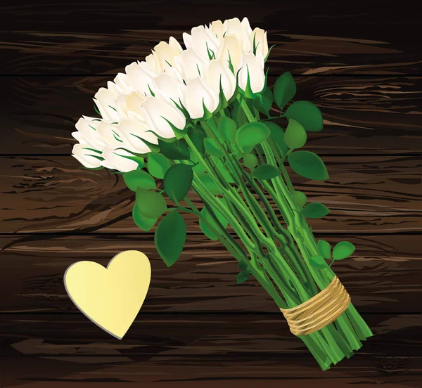 Bouquet of white flowers. Yellow sheet of paper for notes. Sticker heart shaped. Empty space for your ad or inscriptions or messages. Valentine\'s wedding and birthday. Free place. Vector illustration on a wooden background