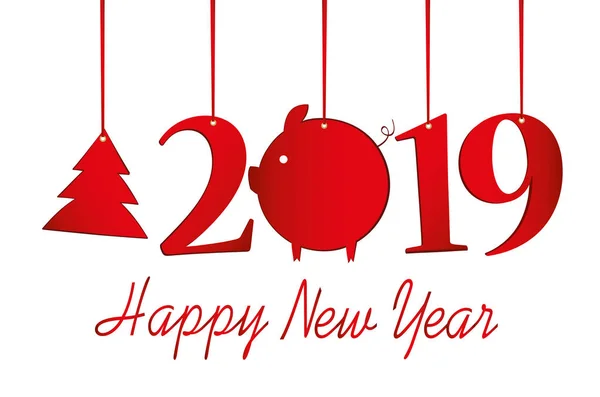 2019 Postav Vánoční Strom Prasat Papíru Červenou Stuhou Nový Rok — Stockový vektor