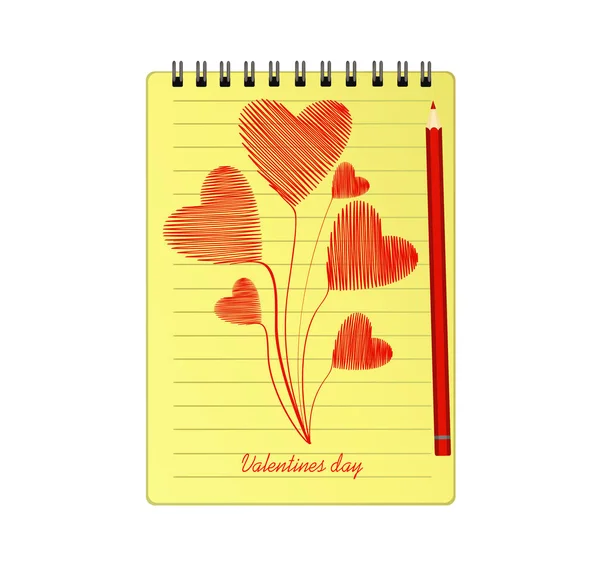 Cuaderno Con Plantilla Dibujada Mano Ramo Corazones Rojos Vector Sobre — Archivo Imágenes Vectoriales