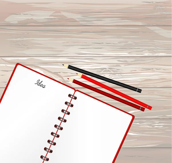 笔记本上有一支用于教育 商业的铅笔 产品为一本书与纸和概念 文本的空空间 向量在木背景 — 图库矢量图片