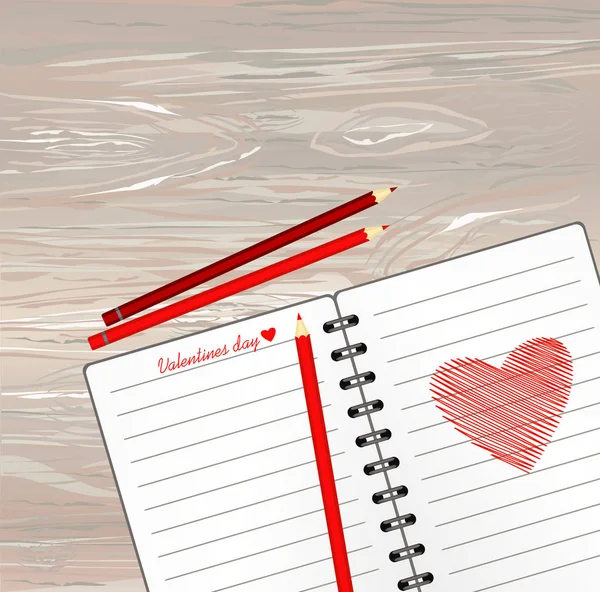 Caderno Com Modelo Desenhado Mão Coração Vermelho Lápis Vetor Sobre — Vetor de Stock