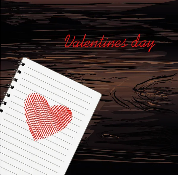 ノートブック テンプレート手描きハート型赤 木製の背景のベクトル 休日のグリーティング カード バレンタインの日 現実的なメモ帳 オフィス文具 ノート用 — ストックベクタ
