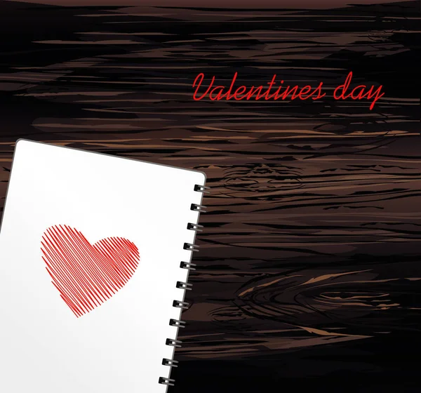 ノートブック テンプレート手描きハート型赤 木製の背景のベクトル 休日のグリーティング カード バレンタインの日 現実的なメモ帳 オフィス文具 ノート用 — ストックベクタ