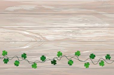 Yonca ile yeşil şenlikli kiraz kuşu. İrlandalı tatil - mutlu St. Patrick's günü üç yapraklı çelenk ile. Tebrik kartı, poster, afiş. Ahşap arka plan üzerinde vektör