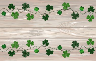 Yonca ile yeşil şenlikli kiraz kuşu. İrlandalı tatil - mutlu St. Patrick's günü üç yapraklı çelenk ile. Tebrik kartı, poster, afiş. Ahşap arka plan üzerinde vektör