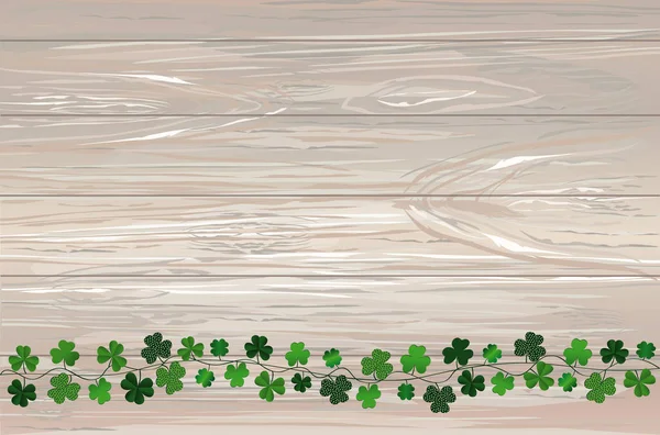 Bunting festivo verde con trébol. Fiesta irlandesa - Feliz Día de San Patricio con guirnalda de tres hojas. Tarjeta de felicitación, póster, pancarta. Vector sobre fondo de madera — Vector de stock